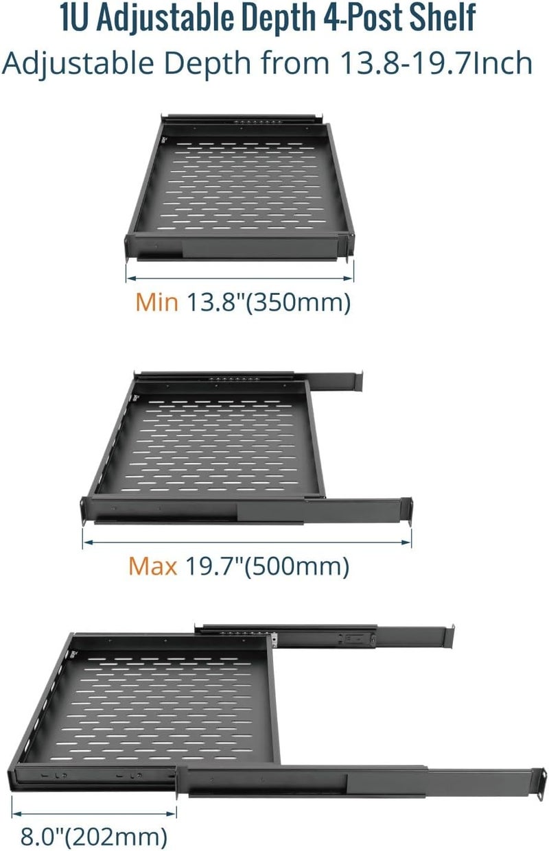 Tecmojo 1U Sliding Rack Shelf,4-Post Vented Rack Mount Shelf,13.8in Deep with Adjustable Mounting Depth 13.8-19.7in,Supports to 110lbs,for 19 Inch AV/Network Equipment Rack,Unassembled,Black - Image 3